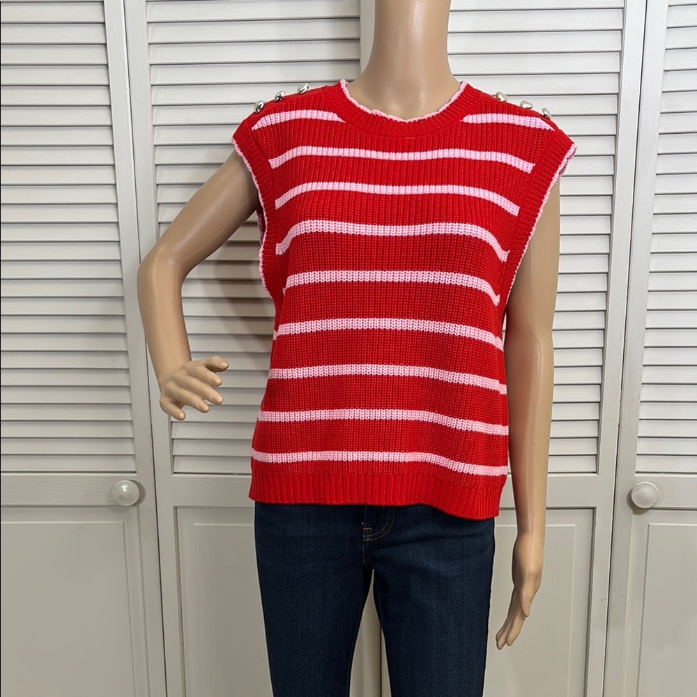 NWT Kerri Rosenthal Striped Heart Buttons Sweater Vest Large